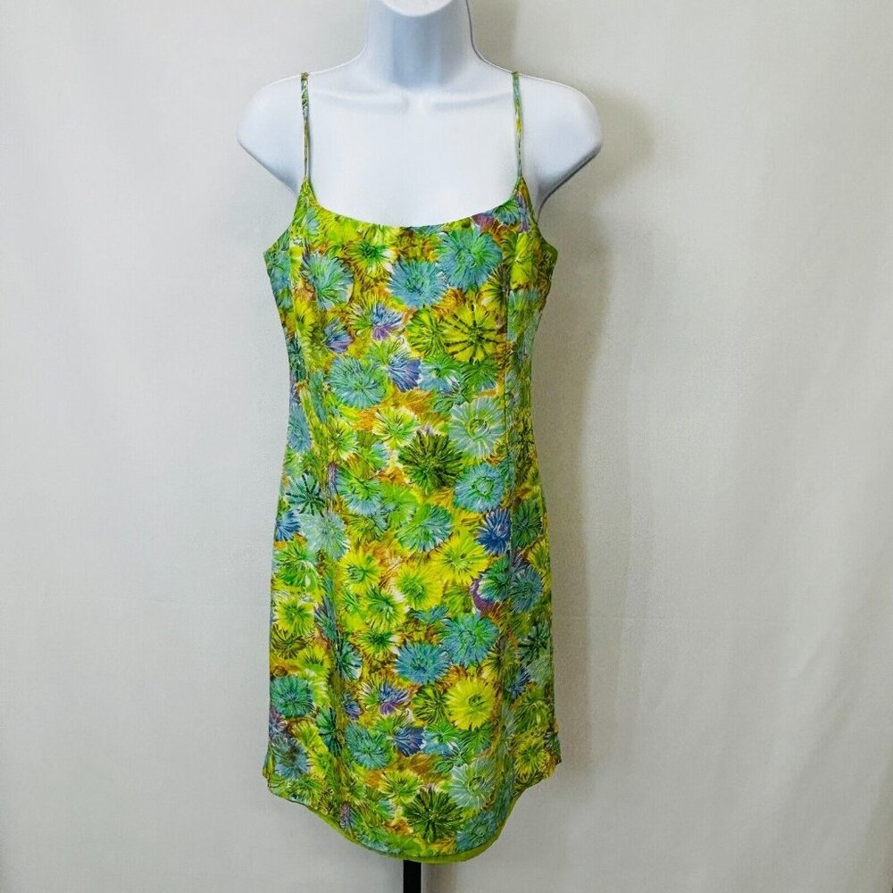 Kelly and Diane Floral Slip Dress Size 2 Green Blue Spaghetti Strap Back Zip